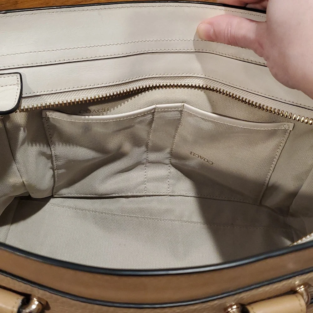 Neutral Beige Leather Satchel Handbag with Gold Hardware